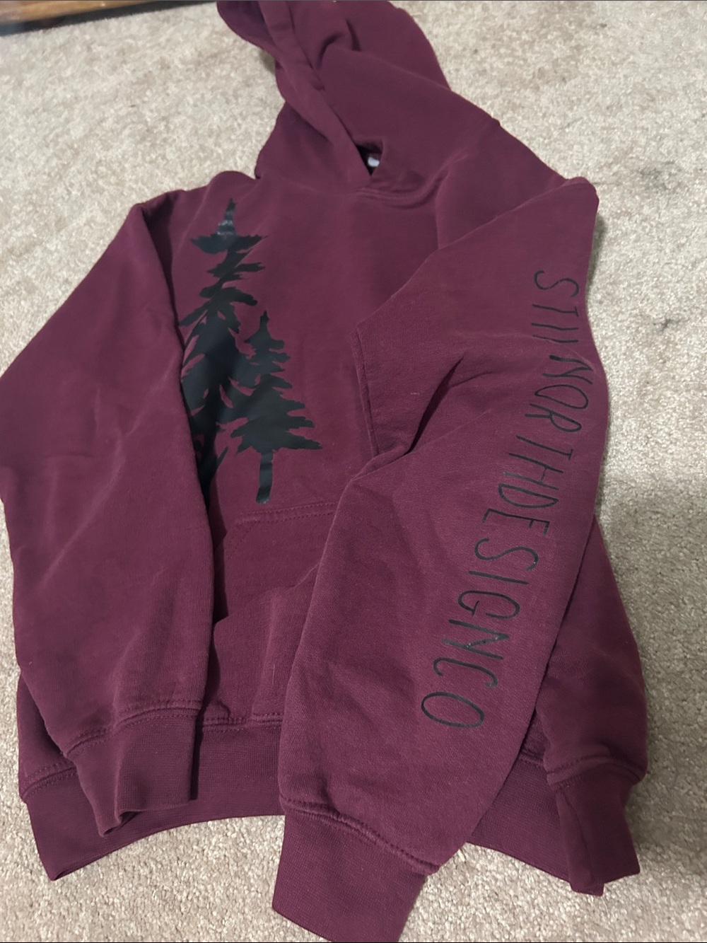 Kids Crewneck Hoodie in Deep Burgundy with Tree Graphic